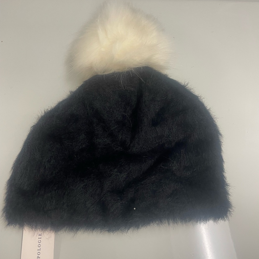 Anthropologie Black Fuzzy Beanie with Cream Pom Pom